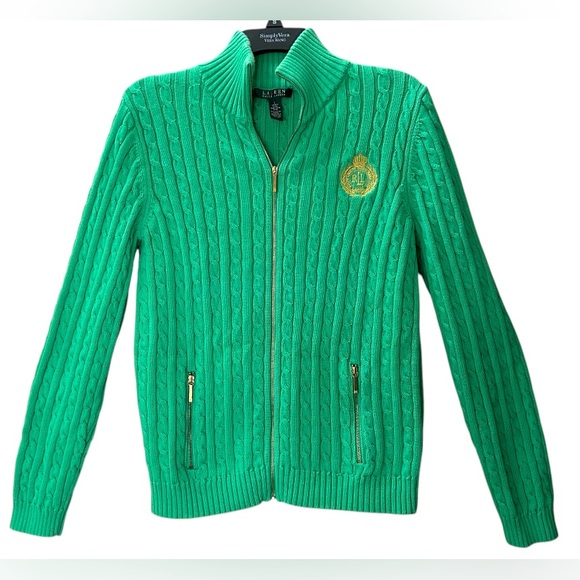 Lauren Ralph Lauren Sweaters - Lauren Ralph Lauren Emerald Green Cable Knit Sweater Jacket Gold Zip Size L